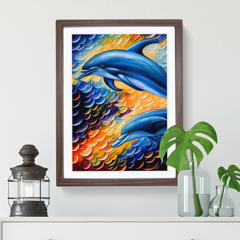 XC1022-4789X Two Dolphin No.1 - Print on Canvas, 34cm H x 25cm W x 2cm D, Paper Walnut Framed