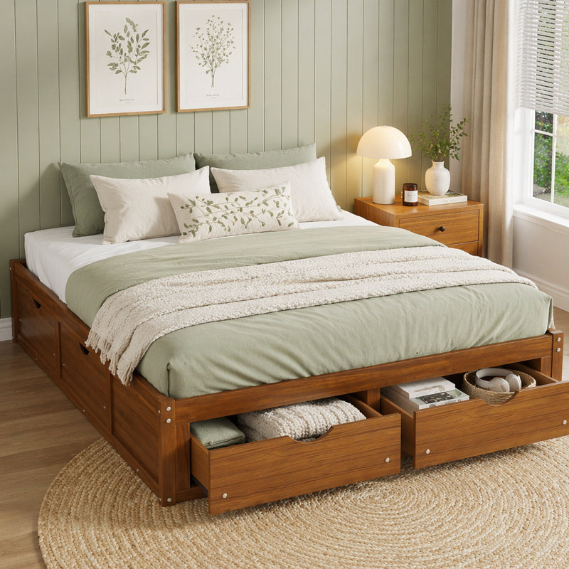 Lit plateforme avec 6 tiroirs de rangement, lit de rangement en bois de pin, Grand lit, Noyer