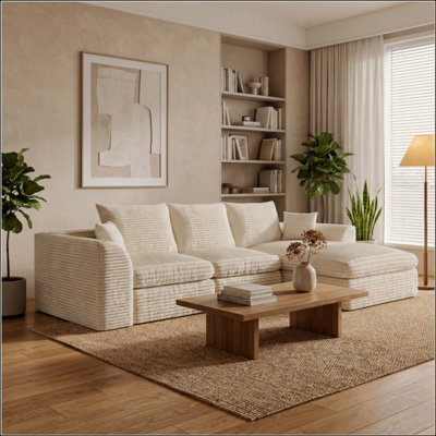 Canapé modulaire en nuage, canapé en L 3 places avec méridienne réversible, canapé en velours côtelé désossé en mousse à mémoire de forme, lit convertible de 102 po, meubles de salon, aucun assemblage requis, beige