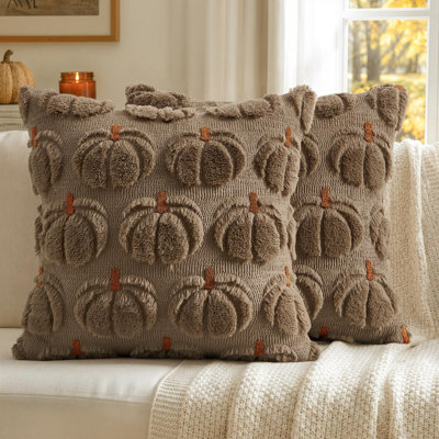 Housses de coussin citrouille d'automne, décor automnal Coco Brown, tige brune, 45 x 45 cm, décoration automnale, lot de 2, douce fourrure synthétique pelucheuse, style ferme, Halloween, porche, canapé, chambre