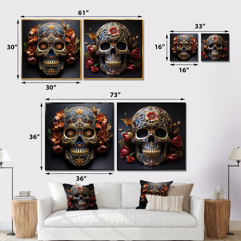 Or floral, crâne mexicain I - ensemble de 2 reproductions d'art mural tête de mort, Toile tendue