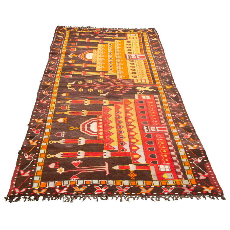 Tapis décoratif en laine de conception unique noué à la main des années 1980 5 pi 4 po x 11 pi 1 po Cvetelina