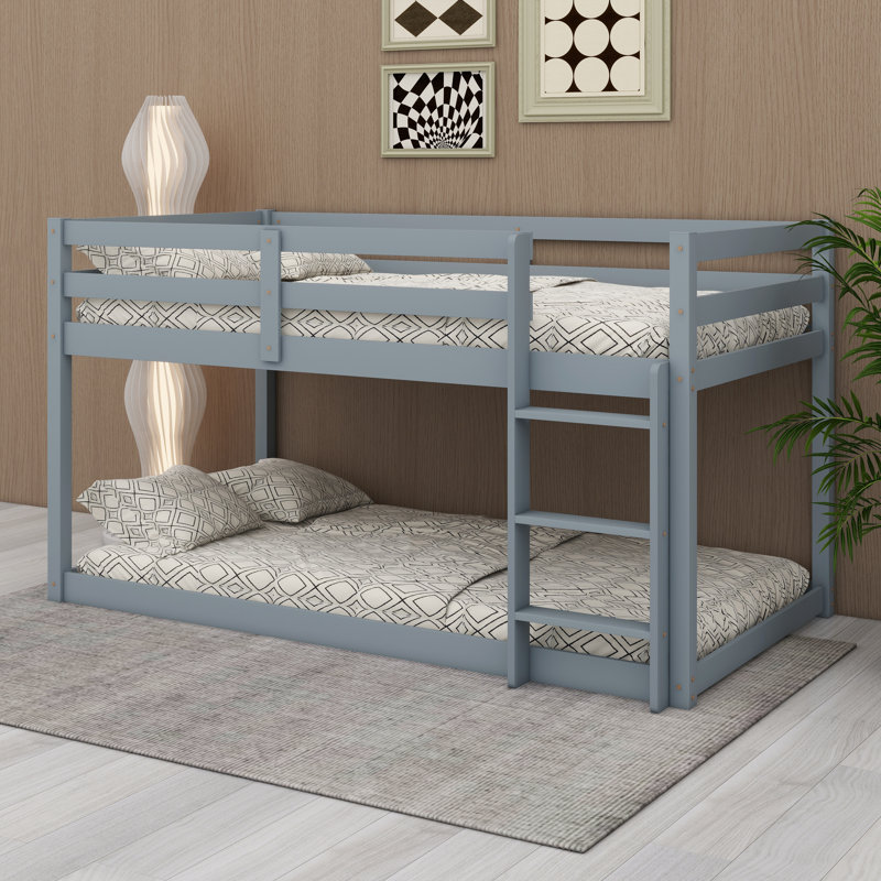 Solid Rubber Wooden Floor Bunk Bed With Ladder And Strengthened Slats, Gray