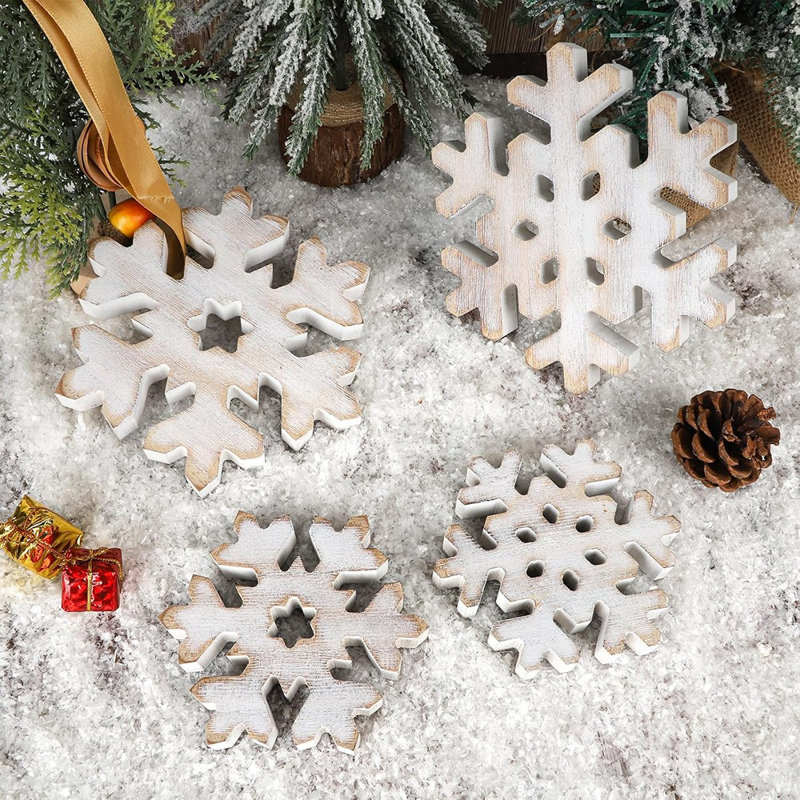 Ensemble de 4 flocons de neige rétro en bois de Noël