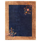 1920s Navy Open Field Floral Modern Knotted Wool Antique Chinese Art Deco Rug