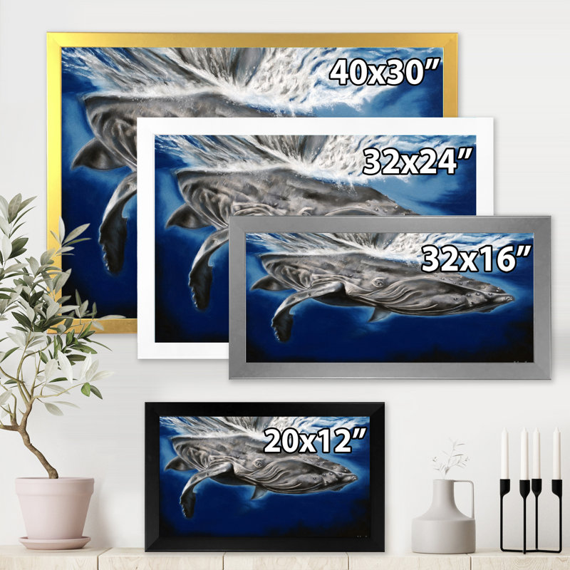 Portrait d'une baleine à bosse - Peinture sur toile, H 30 po x l 40 po x 1,5 po, Cadre photo noir