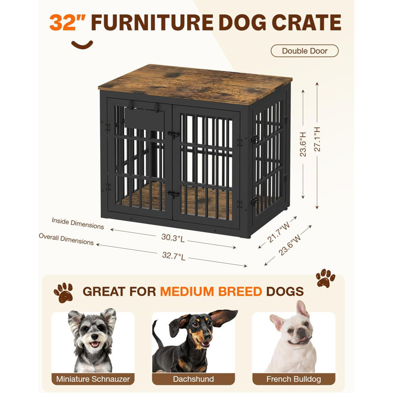 Table d'appoint moderne en forme de niche pour animaux, avec roulettes verrouillables, loquets de sécurité et structure robuste en bois et en métal pour un rangement mobile sécurisé.