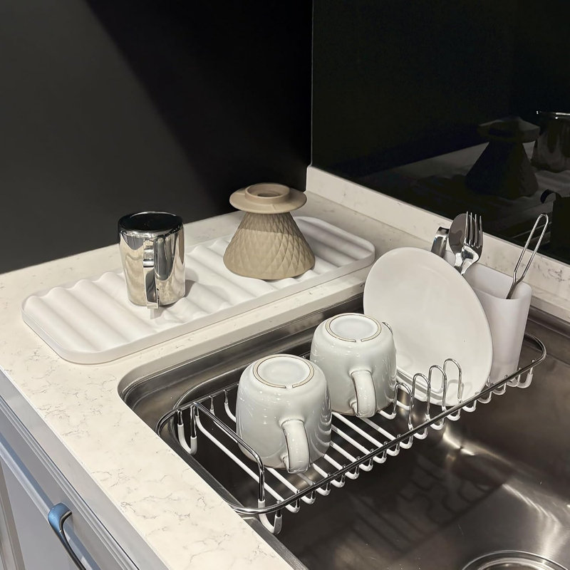 Égouttoir à vaisselle 304 en acier inoxydable avec porte-ustensiles et plateau de drainage amovible NeverRust