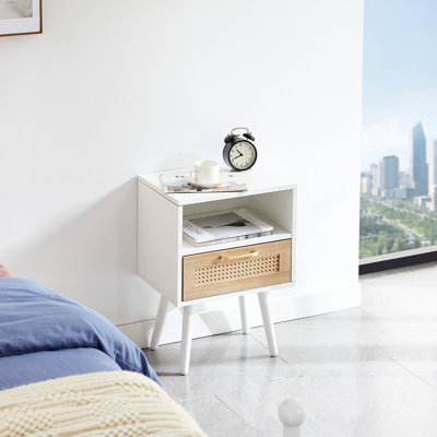 Table d'appoint moderne avec tiroir et pieds en bois massif en blanc, polyvalente pour le salon et la chambre à coucher, L 15,32 po x l 11,94 po H 21,57 po, capacité de charge forte 15,32 po pieds, blanc