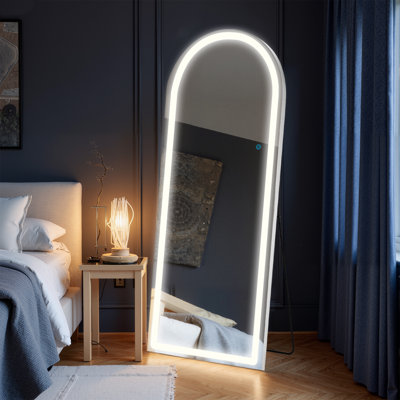 Miroir arqué pleine longueur avec lumières DEL, miroir mural pleine grandeur, miroir au sol éclairé, suspendu ou incliné avec éclairage 3 couleurs, miroir arqué pour la décoration intérieure moderne
