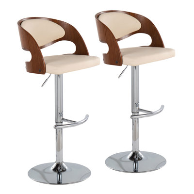 Mid-Century Modern Adjustable Barstool with Swivel in Walnut and Cream Faux Leather, Set of 2, Cream, Adjustable Height