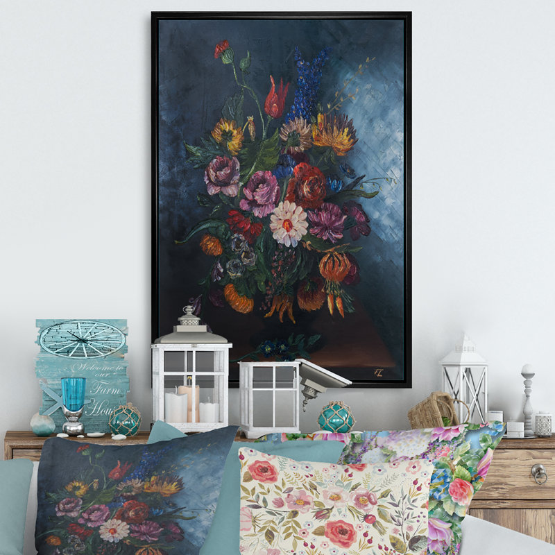 Bouquet de fleurs printanières en fleurs, H 20 po x l 12 po x P 1 po, Toile avec cadre flottant noir