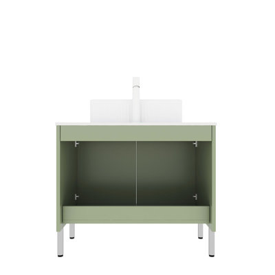 Meuble-lavabo autoportant vert clair avec lavabo en céramique blanche, comptoir Carrara et rangement spacieux pour une élégance moderne
