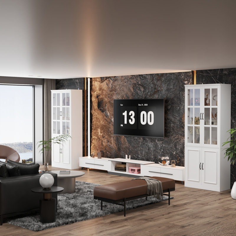 A Combination Of 2-Bookcase And Adjustable TV Stand With Drawers