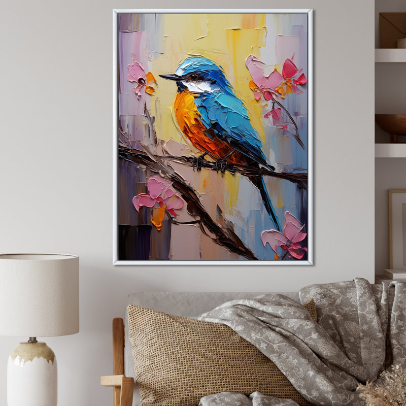 Bluebird Serenade, peinture - art mural oiseau, H 40 po x l 30 po x P 1,5 po, Cadre flottant blanc