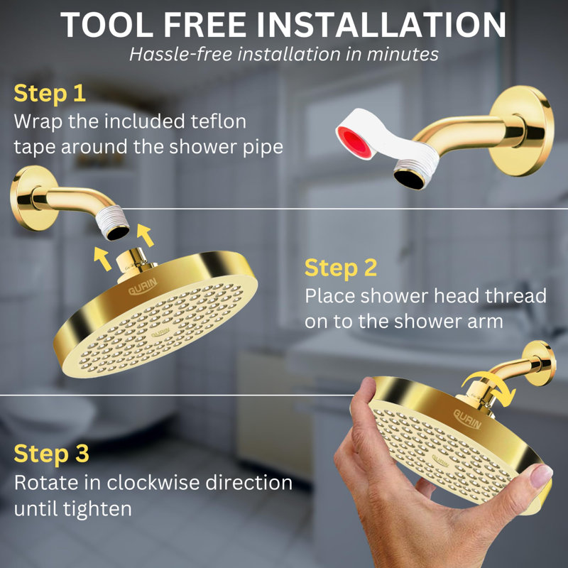 High-Pressure Rainfall Shower Head with Adjustable Angles, Anti-Clogging Silicone Nozzles, and 1.8 GPM Water Efficiency, Gold