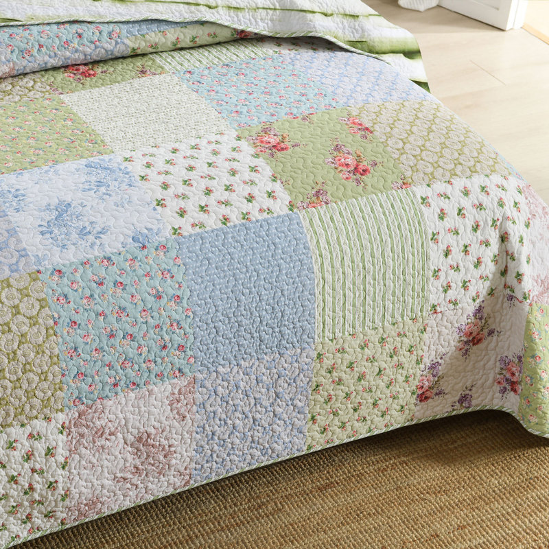 Ensemble de couvre-lit 3 pièces Patchwork, Motif floral vert, Courtepointe très grand et 2 très grandes taies 