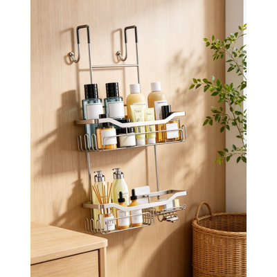 Serviteur de douche au-dessus de la porte avec porte-savon, organisateur de salle de bain adhésif sans perçage avec 11 crochets, tablettes en acier inoxydable 304 antirouille à 2 niveaux