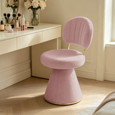360 Degree Swivel Vanity Chair With Back No Wheels Chenille Upholstered Accent Chair for Bedroom Dressing Room, Pink