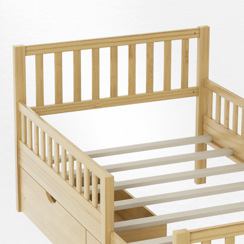 Lit plateforme en bois avec garde-corps des deux côtés et deux tiroirs de rangement, Lit simple, Naturel