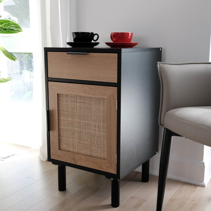 Table de chevet avec tiroir et porte en rotin naturel, table d'appoint avec rangement