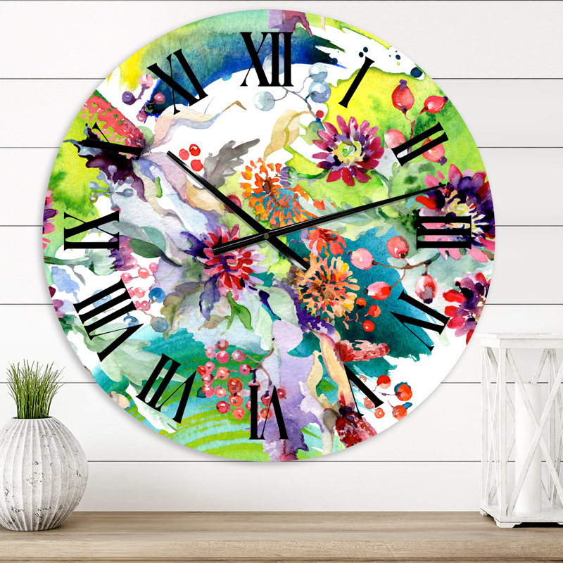 Horloge murale moderne Vibrant Wild Spring Leaves and Wildflowers X, Petit