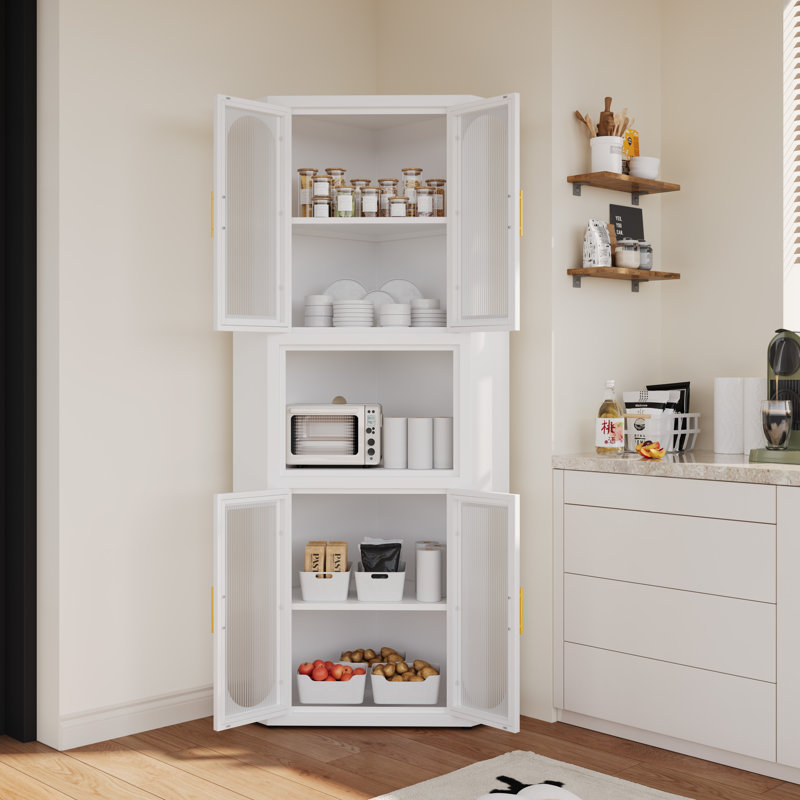 Accent Metal Sturdy Tall Corner Storage Cabinet For Kitchen Home Office, White