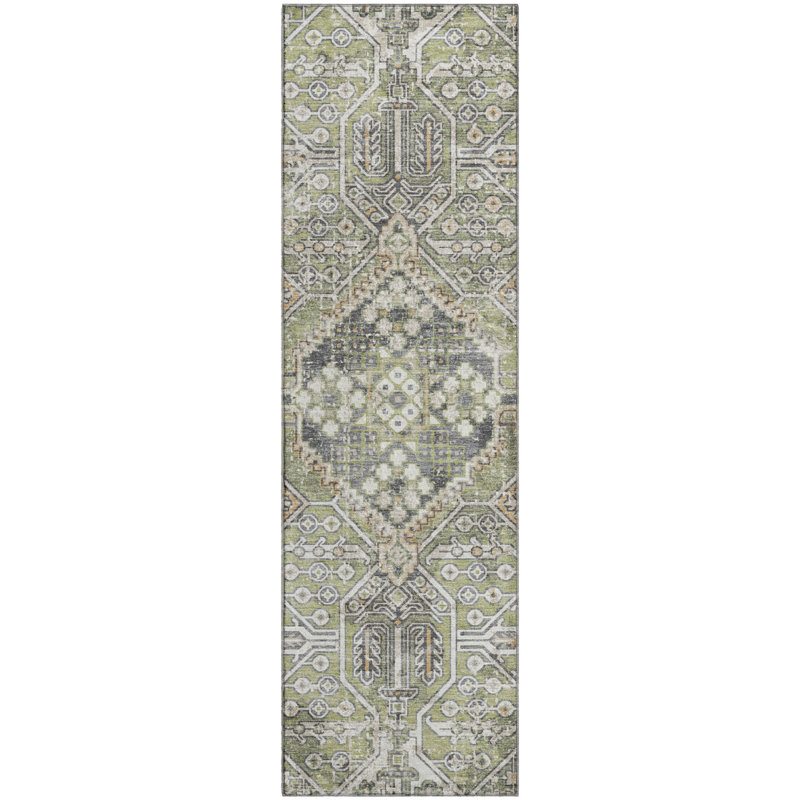 Premium Machine Washable Mayfield AMF2197 global Rug, 2'3" x 7'6" Runner, Aloe