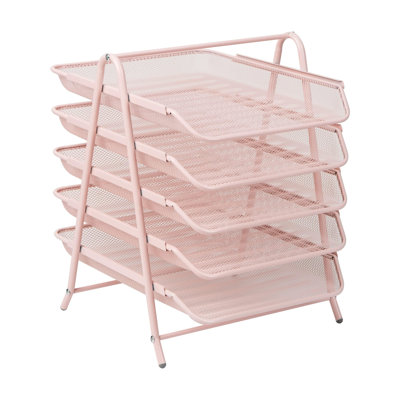 5-Tier Paper Tray Organizer, Vertical Desktop File Storage Rack, Office, Metal Mesh, Pink