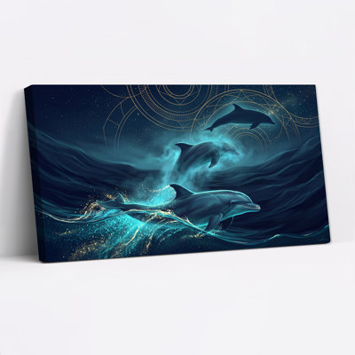 «Three Dolphins in Deep Blue Ocean with Golden Stars», art mural