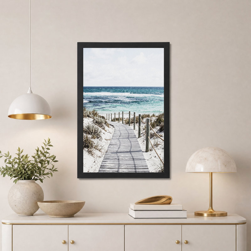 Art mural en bois, promenade en bois vers l'océan turquoise et sable blanc, H 24 po x l 16 po