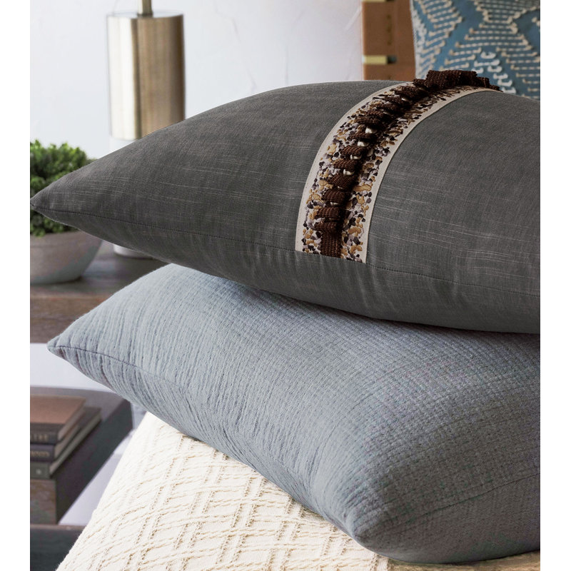 Taupe Rectangular Cotton Blend Lumbar Pillow with Embroidered Trim