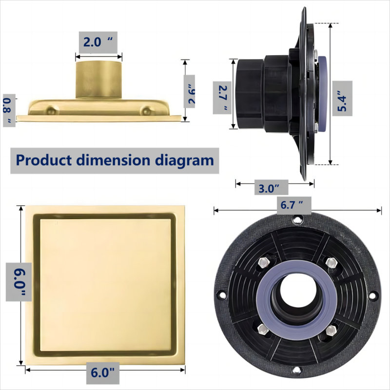 6 Inch Square Shower Floor Drain, Brushed Gold