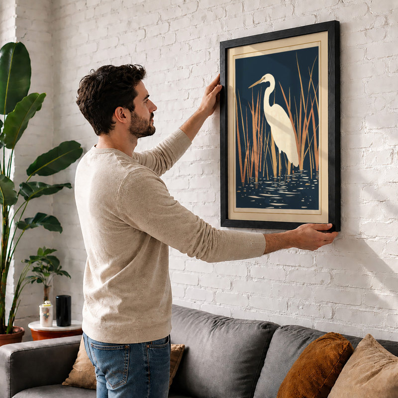 Heron in Reeds Japandi - Framed Print, Oak, A4 - 29.7 x 21.0 cm
