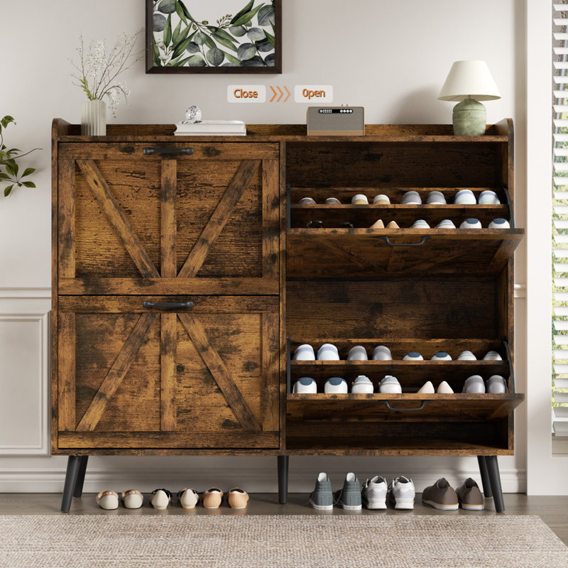 Shoe Cabinet With 4 Flip Drawers, Freestanding Farmhouse Shoe Organizer Cabinet, Rustic Brown