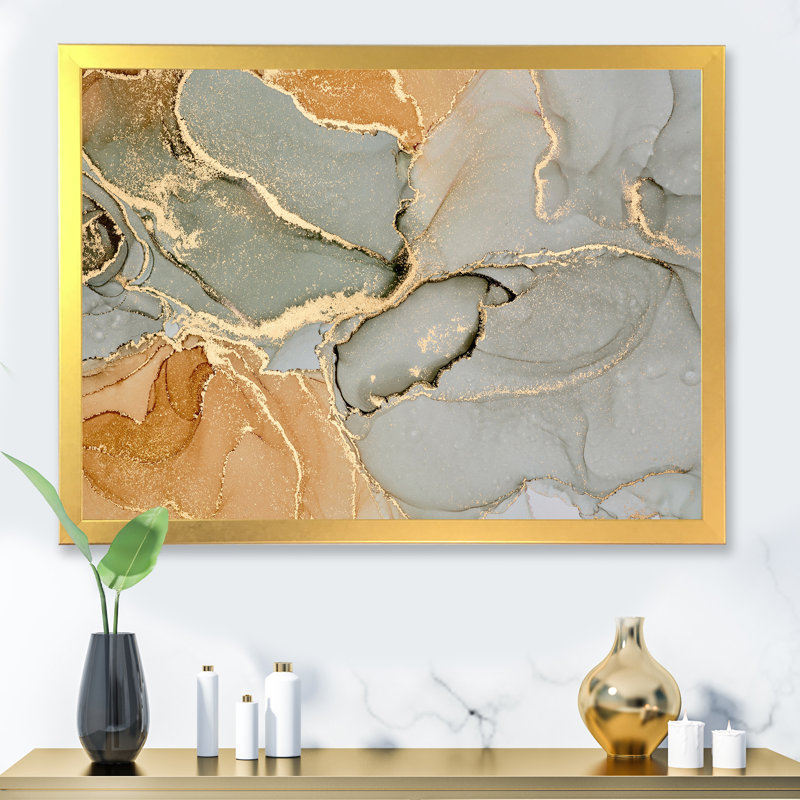 «Brown Luxury Abstract Fluid Art VI», peinture sur toile, Encadrement doré, H 24 po x l 32 po x P 1 po