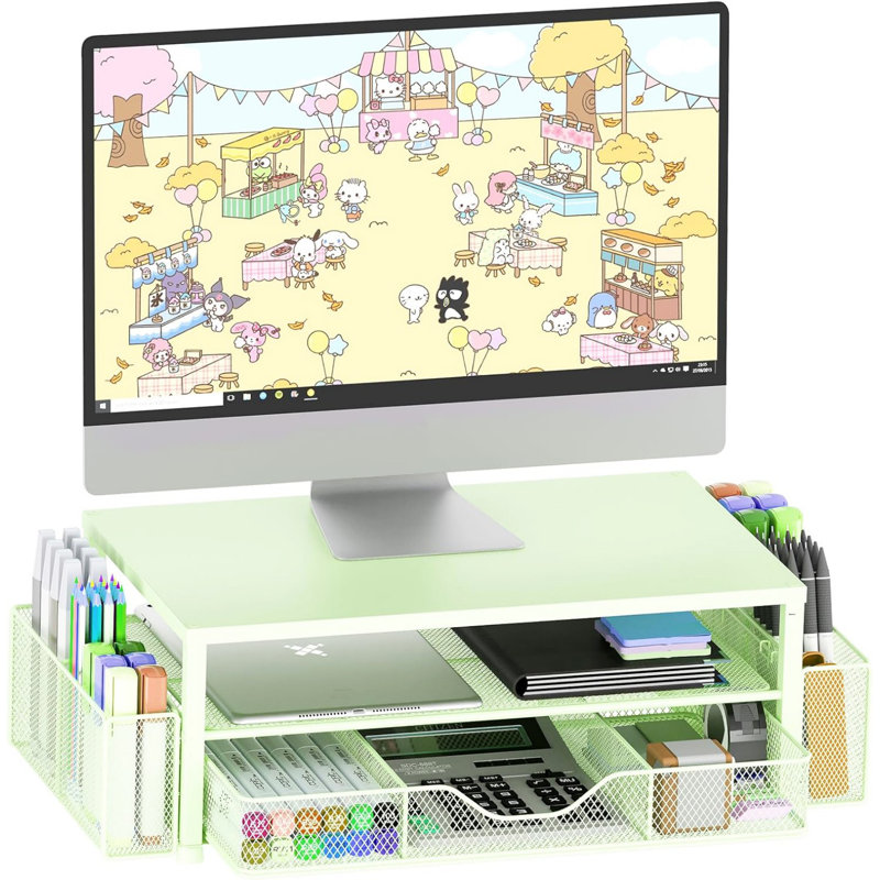 2-Tier Computer Monitor Stand with Drawer and 2 Pen Holders