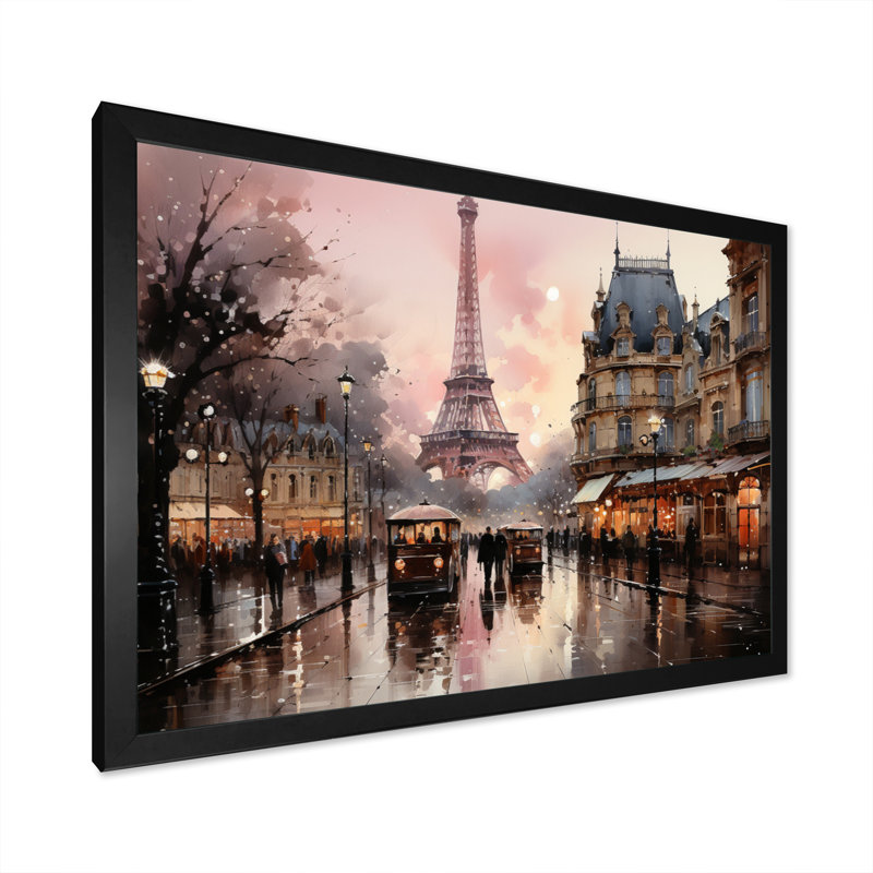 «Pink Twilight Rendezvous In Paris I», art mural de Paris pour le salon, H 30 po x l 40 po, Cadre photo unique, Noir