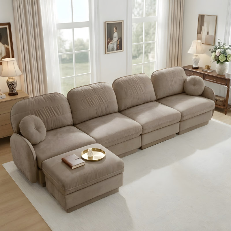 Canapé en L avec assise profonde et repose-pieds amovible, Light Coffee Chenille, 37.4" H x 137" W x 57.8" D