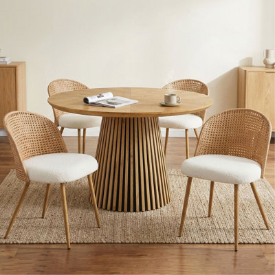 Round wooden dining table + 4 brown wicker dining chairs in Bohemian medieval style with soft beige sponge cushions