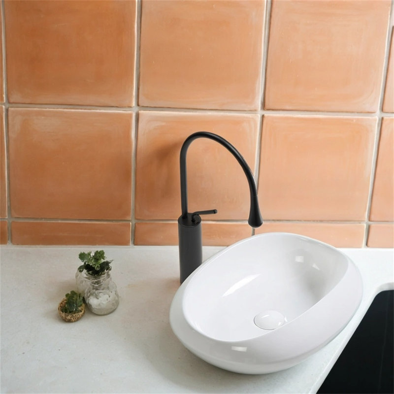 【Modern Oval Ceramic Vessel Sink】– Shatterproof & Crack-Resistant, No Faucet Hole, 5.5" Height For Small Countertops (Gloss Finish With Drain, 18.1"×15")