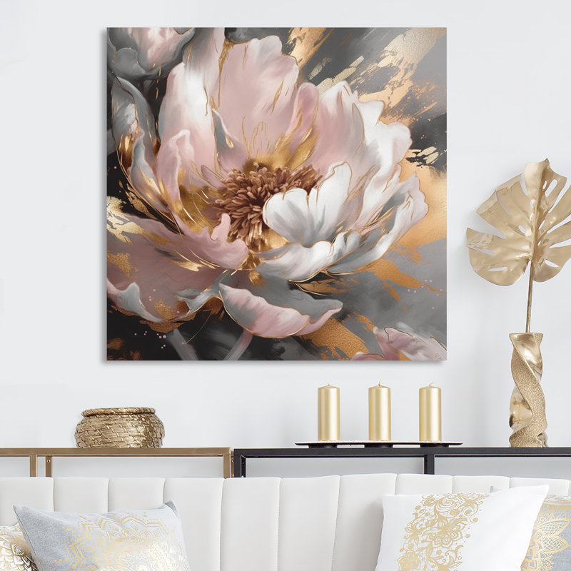 Marbre rose doré pivoine II, H 16 po x l 16 po, Toile tendue