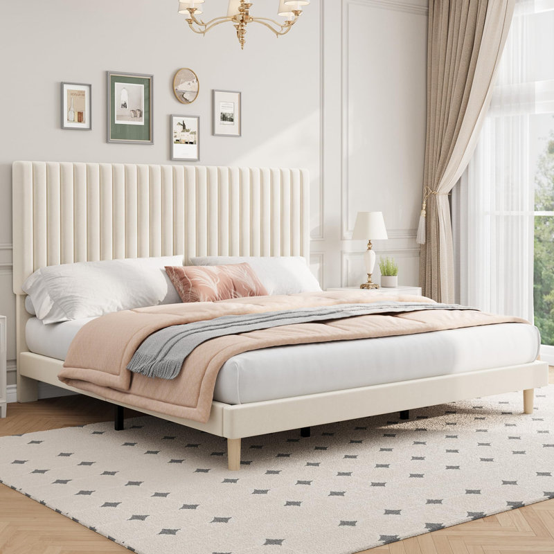 Upholstered Platform Bed Frame, Adjustable Vertical Channel Headboard & Wooden Slats, No Box Spring, Beige, King
