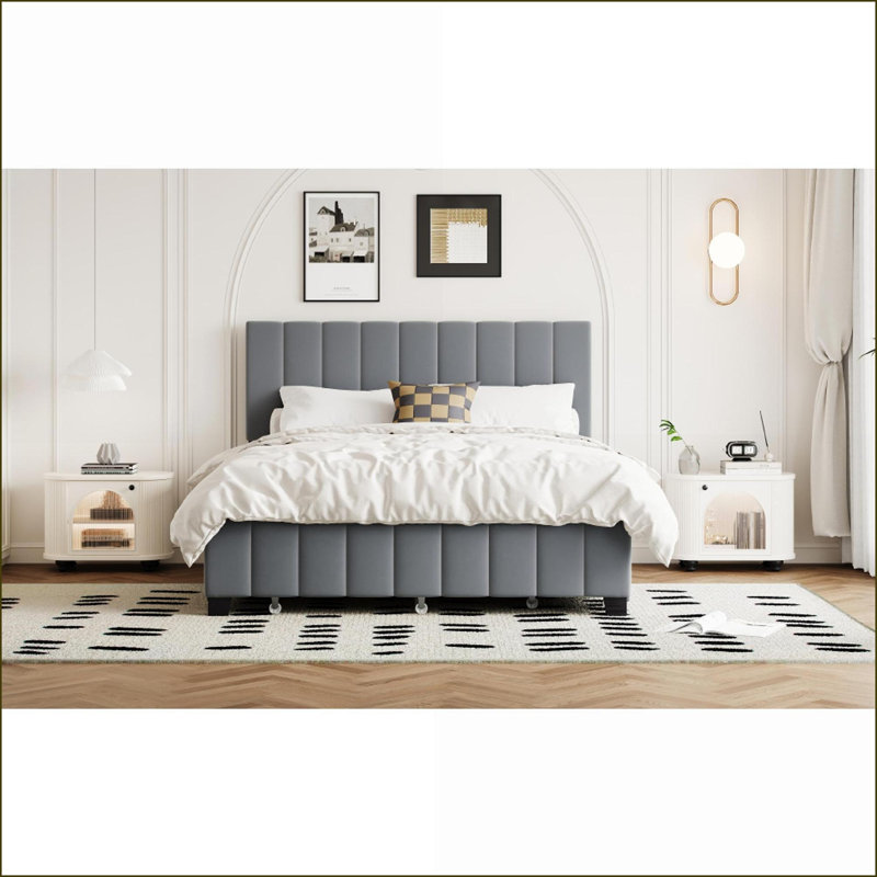 Grand lit plateforme tapissier en velours avec 2 tiroirs Lit simple TG - Gris | Aucun sommier tapissier requis