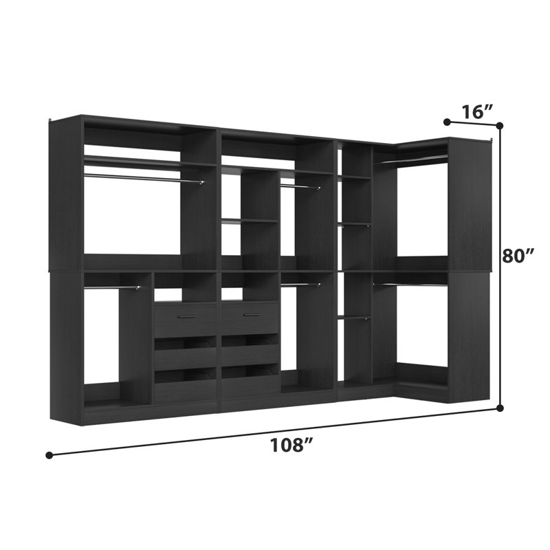 72"-108"Closet System With Drawers And Rods, Black