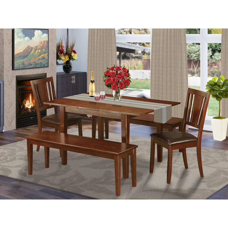 5 Piece Dining Table Set Includes a Rectangle Wooden Table with Butterfly Leaf and 2 Faux Leather Dining Chairs with 2 Benches, Mahogany