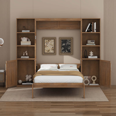 Queen Size Horizontal Murphy Bed With Storage Shelves & Cabinets, Hidden Platform Wall Bed With Headboard