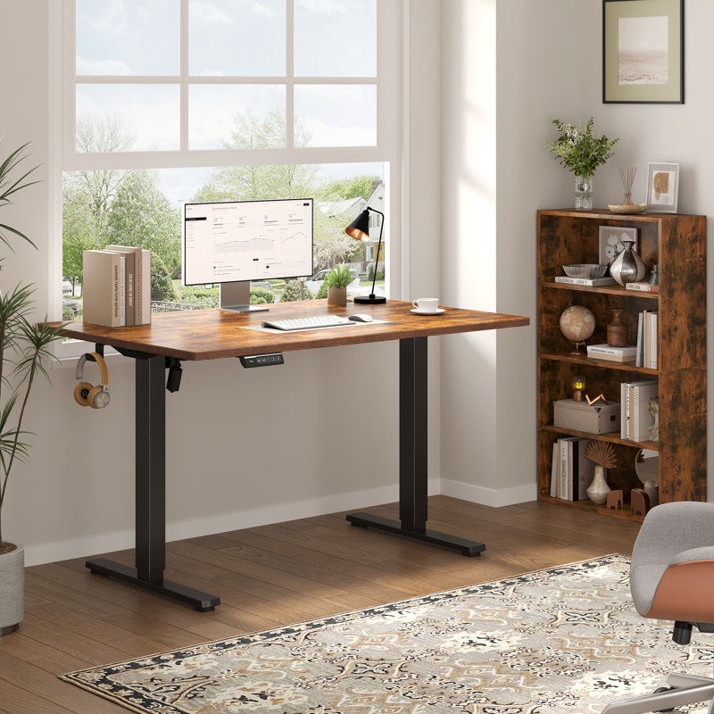 Ensemble de mobilier de bureau à domicile avec bureau assis-debout électrique réglable et bibliothèque, Brun rustique
