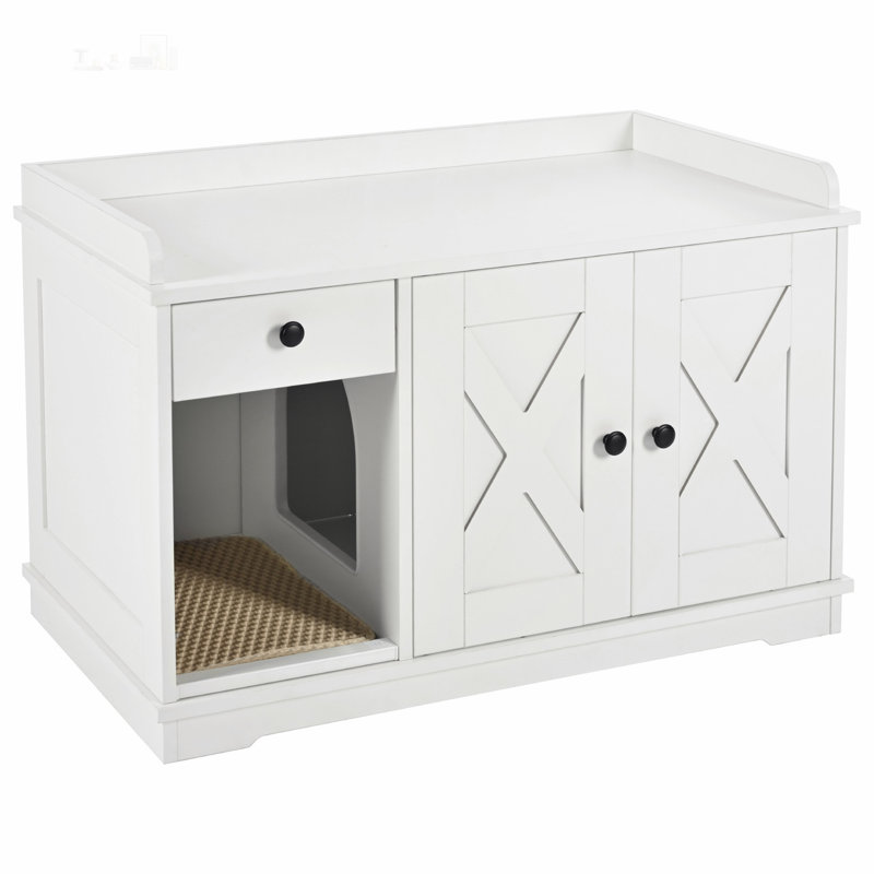 Enceinte de litière pour chat, litière cachée avec tapis, tiroir de rangement et table d'appoint, style maison de campagne, blanc