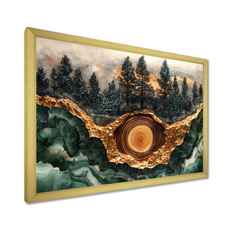 Paysage de forêt de pins Giahna sur l'horizon émeraude I - forêt, art mural, H 12 po x l 20 po, Doré, Floater Framed